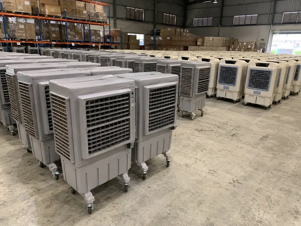 Industrial air cooler rental units arranged in warehouse stock