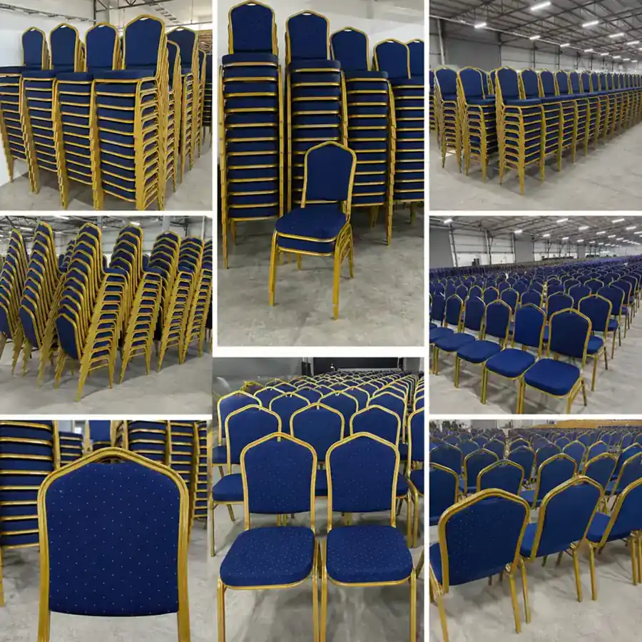 Blue banquet chairs with gold frames stacked and arranged in warehouse stock