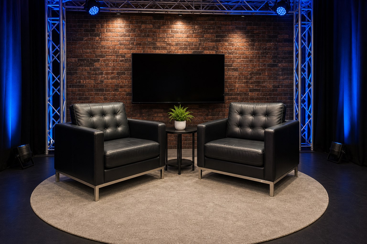 Black leather sofa set arranged for VIP stage lounge with blue event lighting