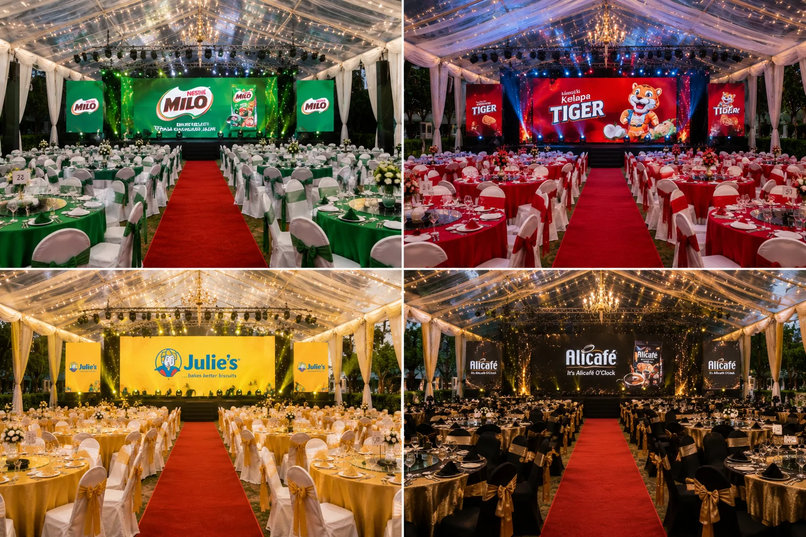 Brand colour matching examples for round tables, chair covers and stage dinner setup