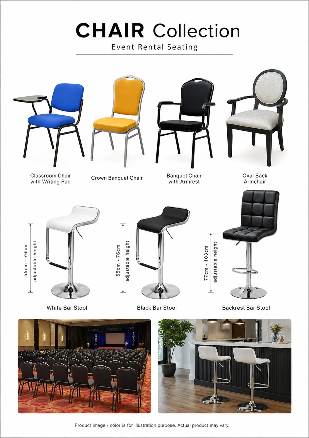 Chair collection for event rental seating with writing pad chair, banquet chairs and bar stools