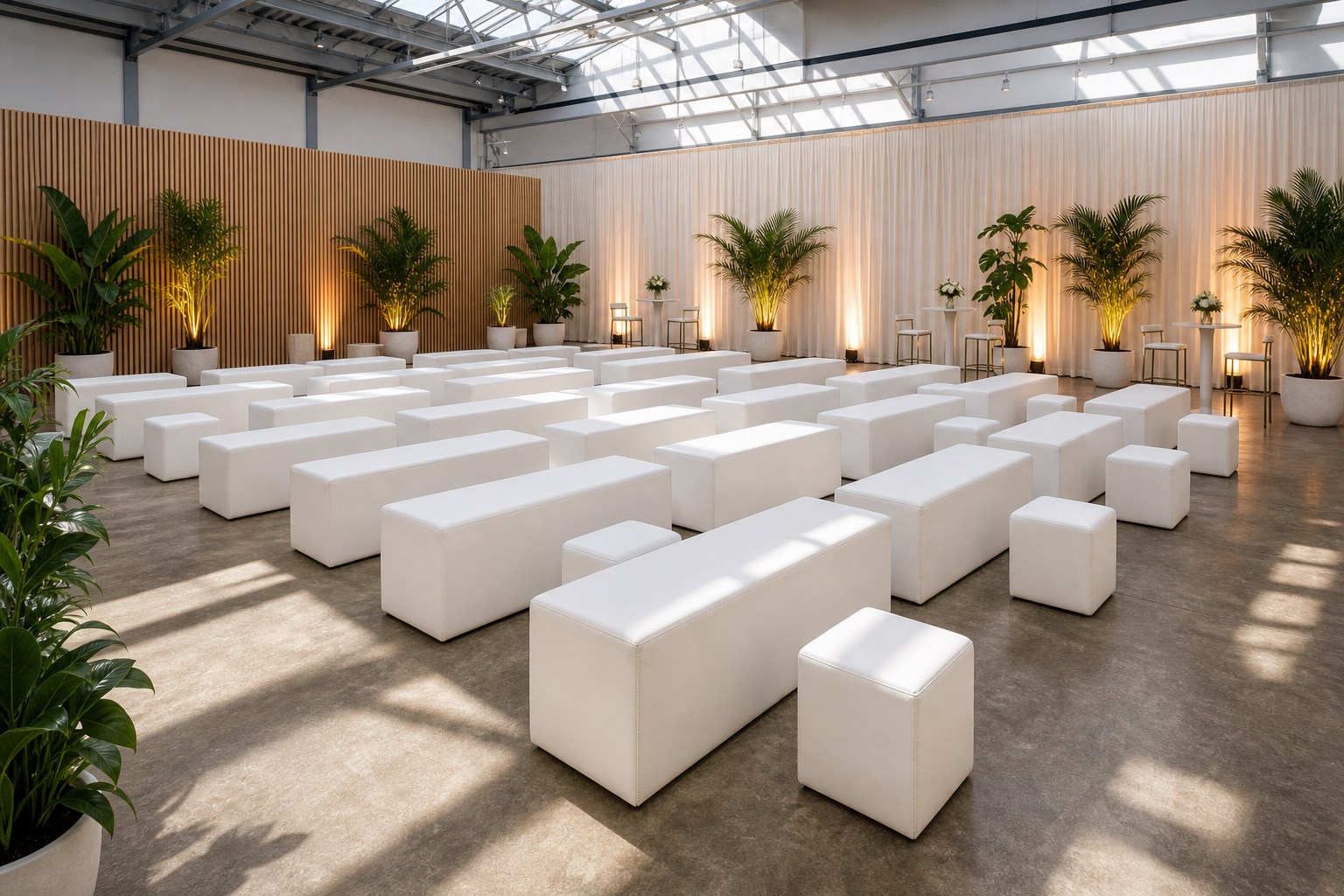 White bench sofa and cube ottoman seating arranged in a bright industrial event hall