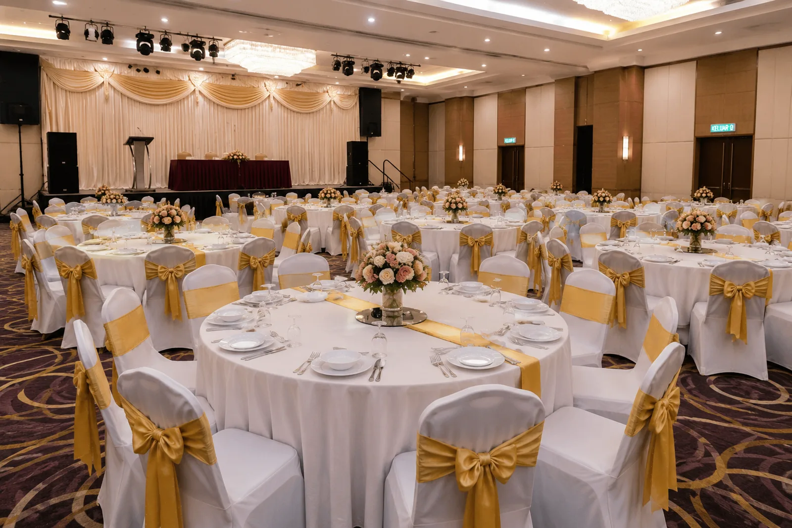 Round table and banquet chair setup with white covers and gold sash in a ballroom