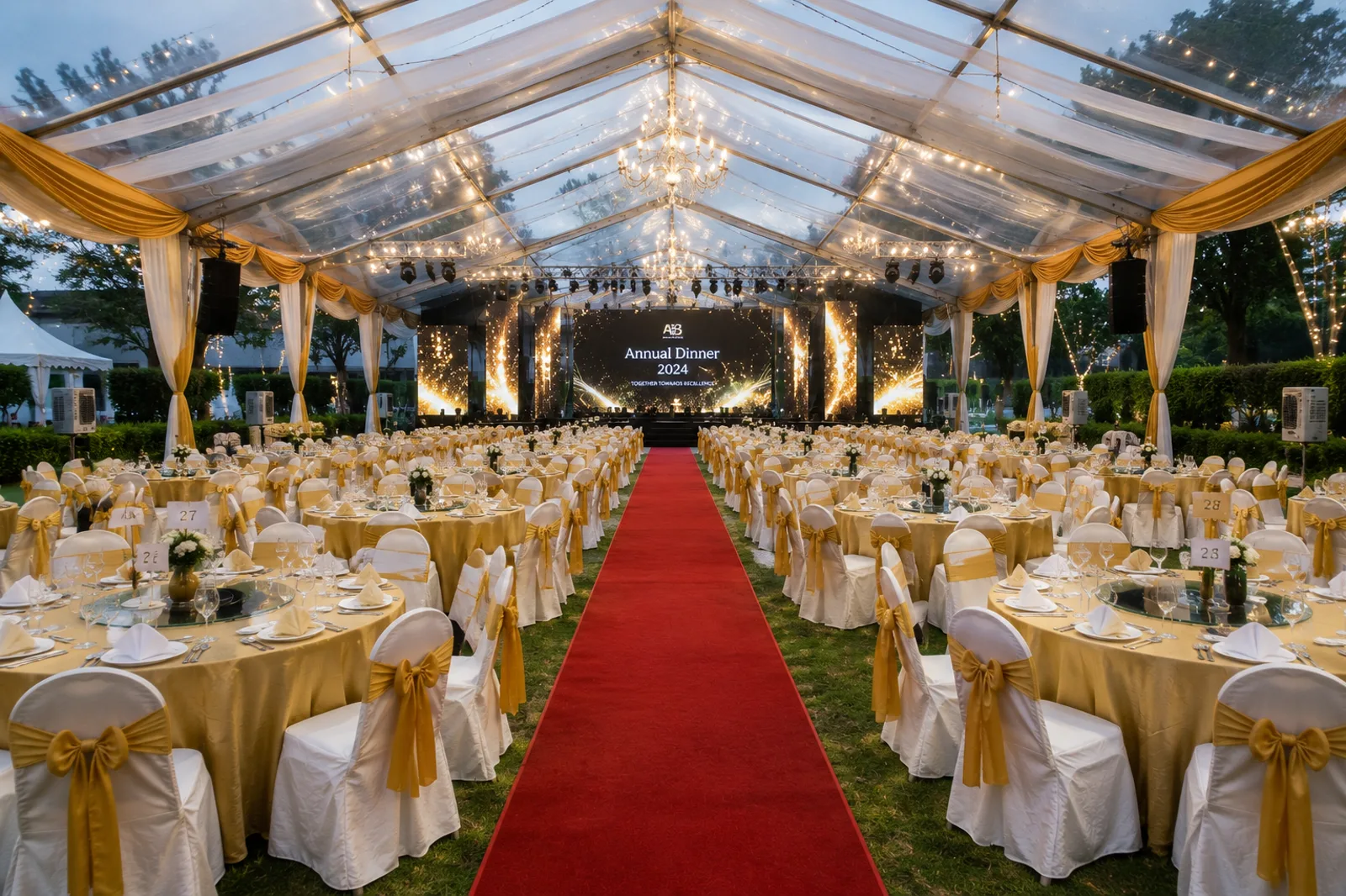 Clear canopy annual dinner setup with round tables, gold covers and red carpet aisle