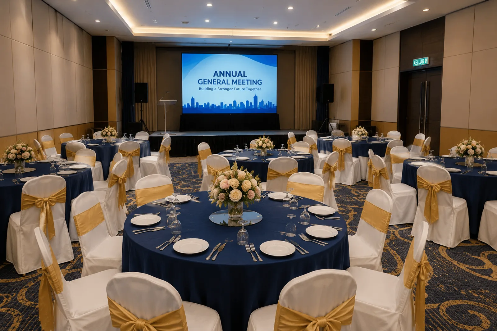 Corporate dinner round table setup with navy cloth and gold sash chairs