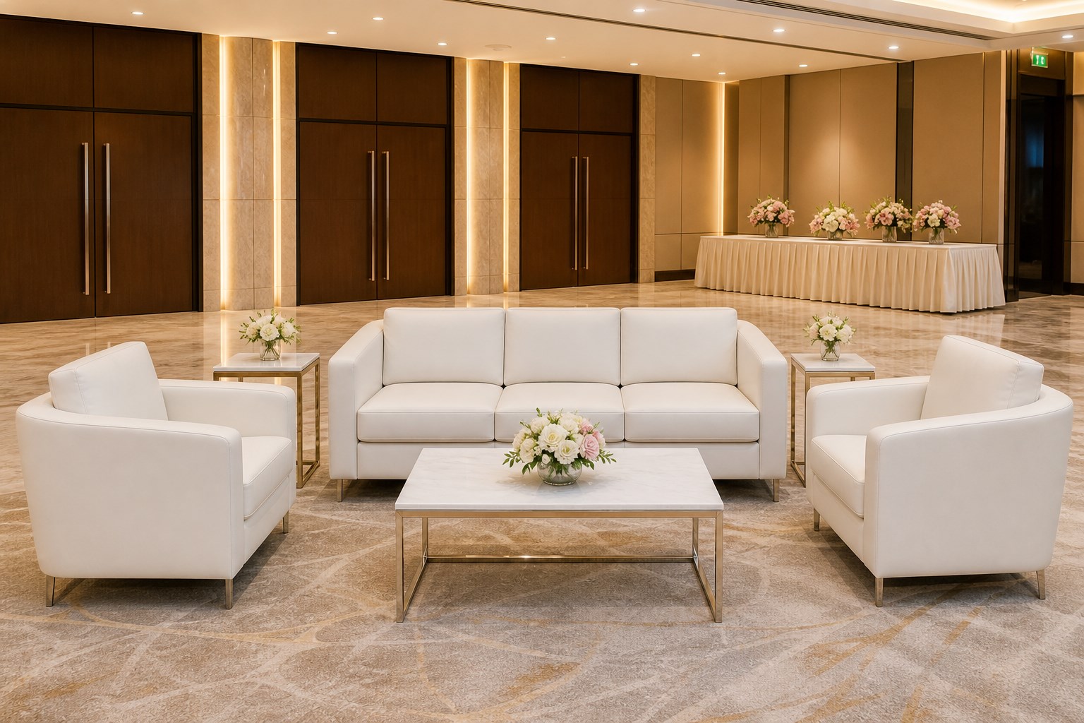 White sofa set with lounge chairs and coffee table for VIP event reception area