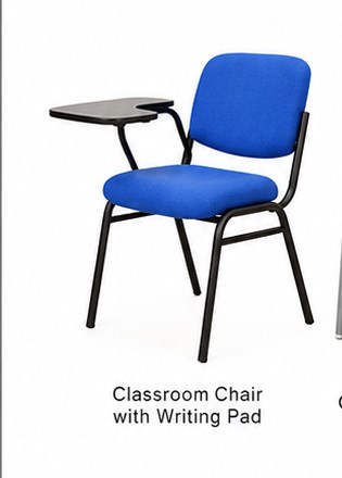 Blue classroom chair with attached writing pad for training and seminar seating